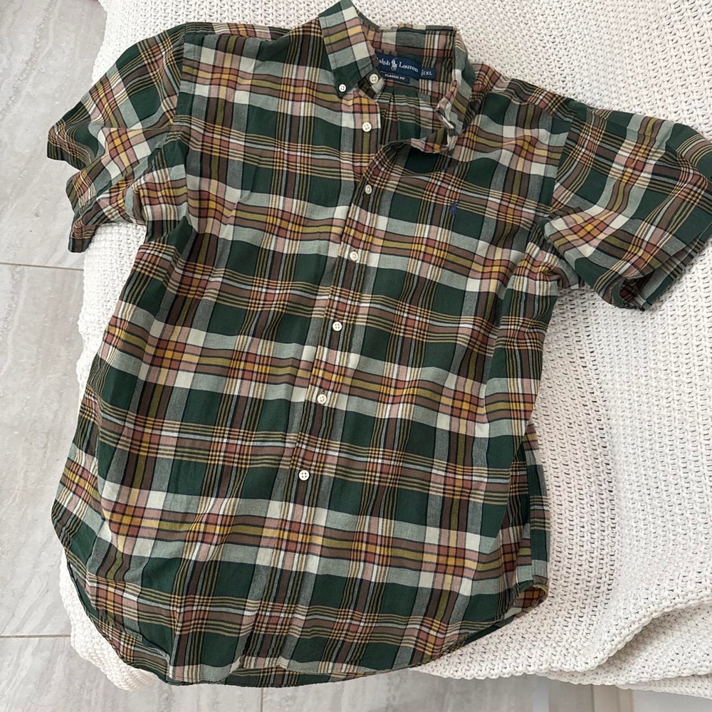 RALPH LAUREN POLO button down green plaid short sleeve MADRAS SHIRT